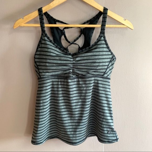 Prana Womens Small Filament Strappy Tank Top Gray and Black Stripe Built in Bra - Picture 3 of 12